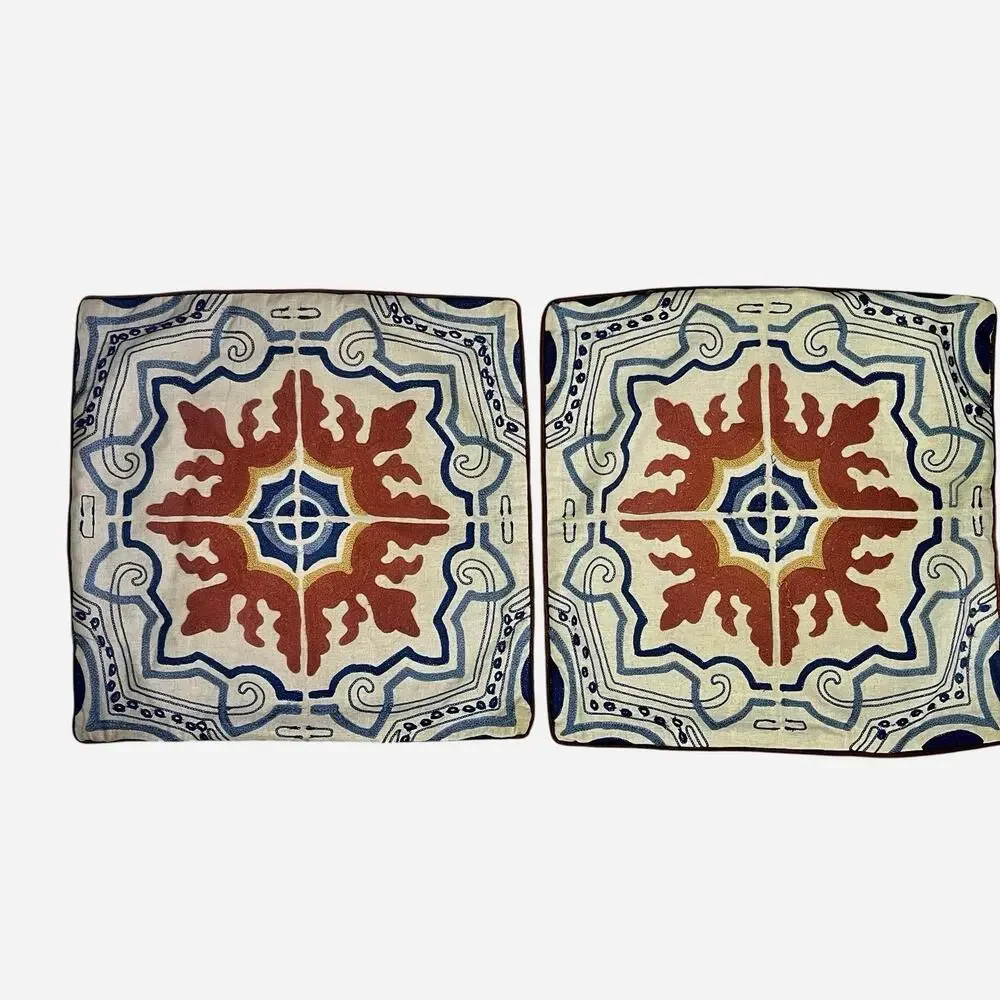 Pier 1 Vintage 2 Pillow Covers 18” x. 18” Mediterranean Tile Blue Terracotta